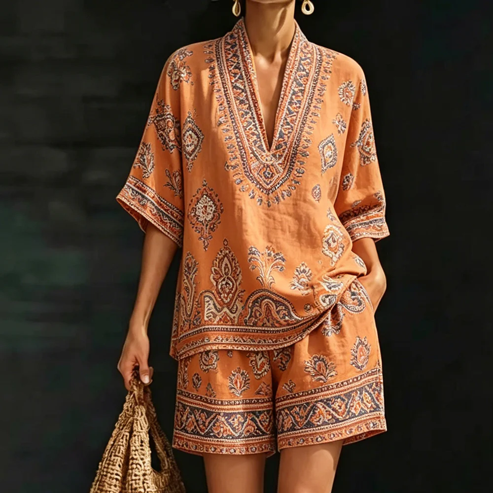 

Women's Summer Boho Two-Piece Set Featuring Loose V-Neck Top and Matching Shorts with Ethnic Floral Print Vacation Beach Casual