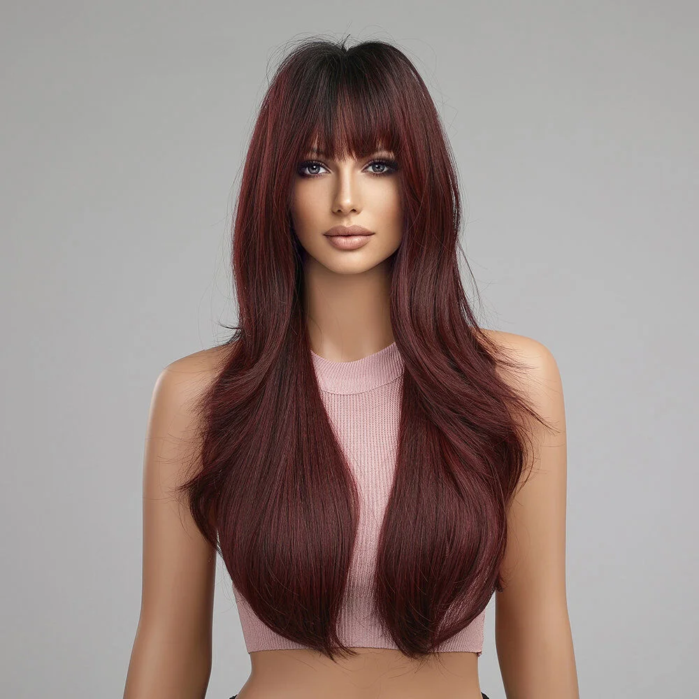 Natural Burgundy Wine Red Wigs with Bangs Fanshion Wave Synthetic