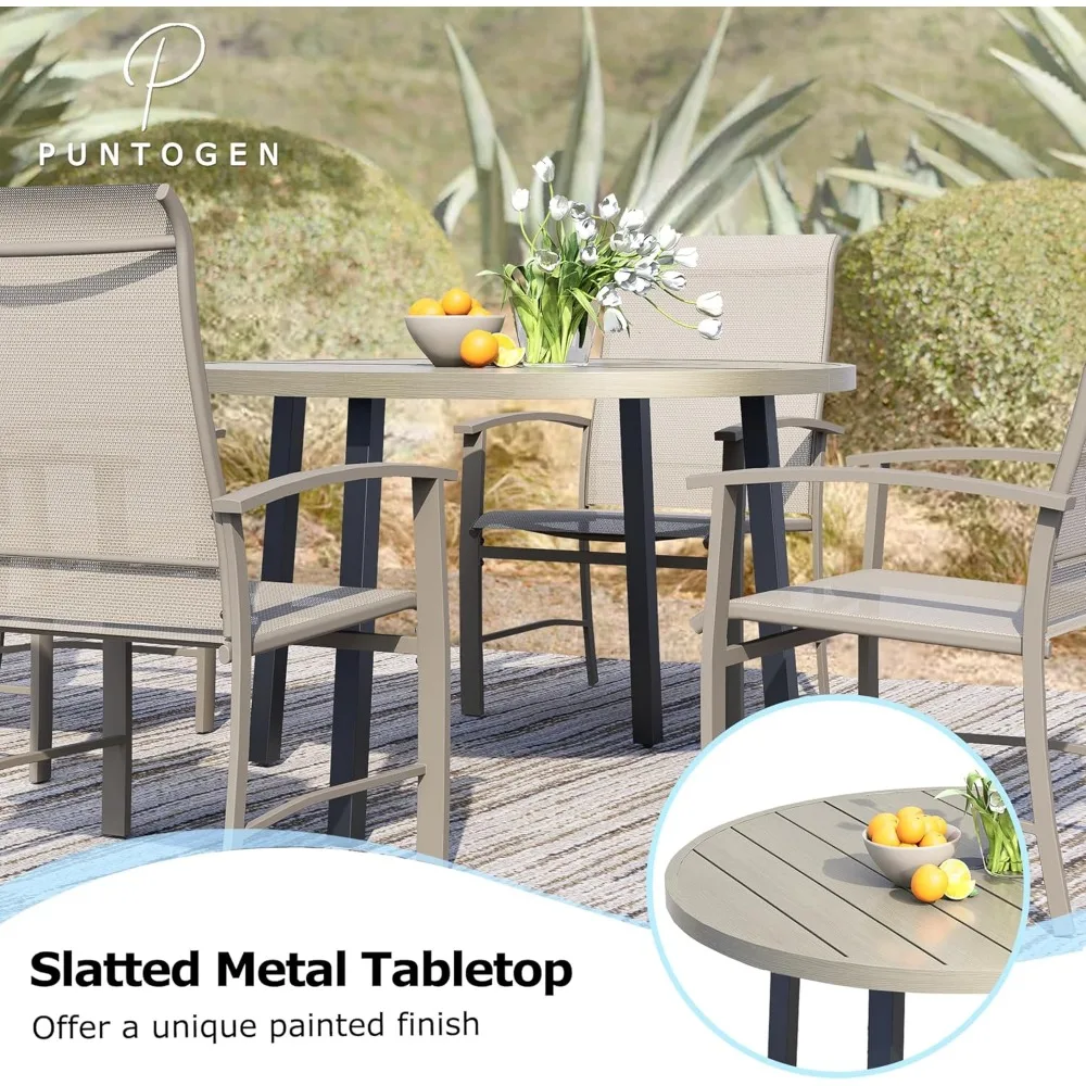 طاولة طعام خارجية معدنية تتسع لـ 4 أشخاص مع فتحة مظلة، وأثاث فناء حديقة دائري 42، ولمسة نهائية من خشب البلوط العسلي، مثالية لسطح الفناء الخلفي #4