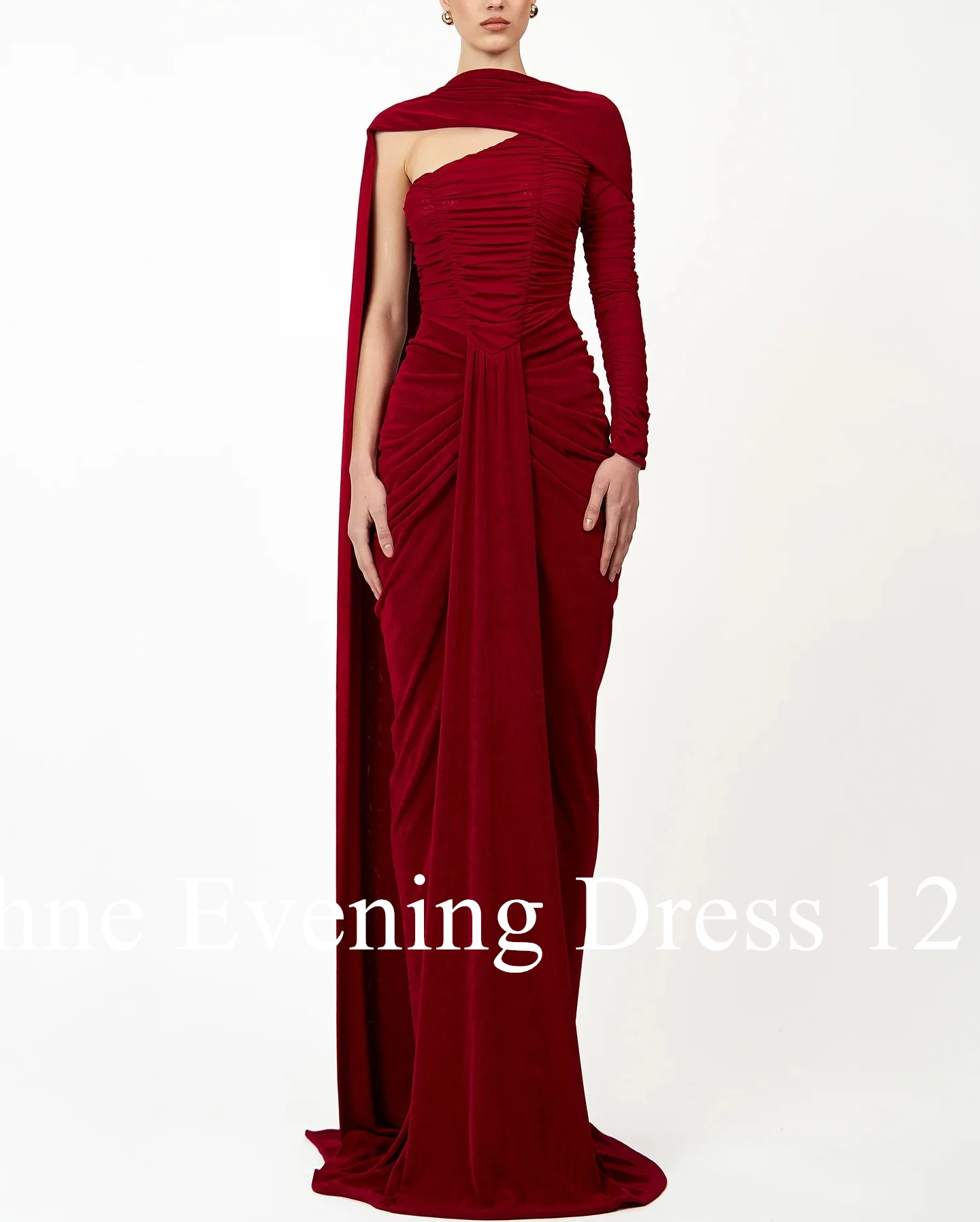 Personalizado gracioso um ombro mangas compridas watteau trem vestido de noite temperamento plissados foto cor vestido de fe