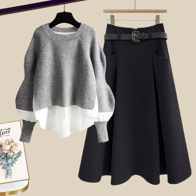 

plus Size Autumn Winter Women's Set Small Figure Slimming Meat Covering f Skirt Two-Piece Set Faionable And Ele