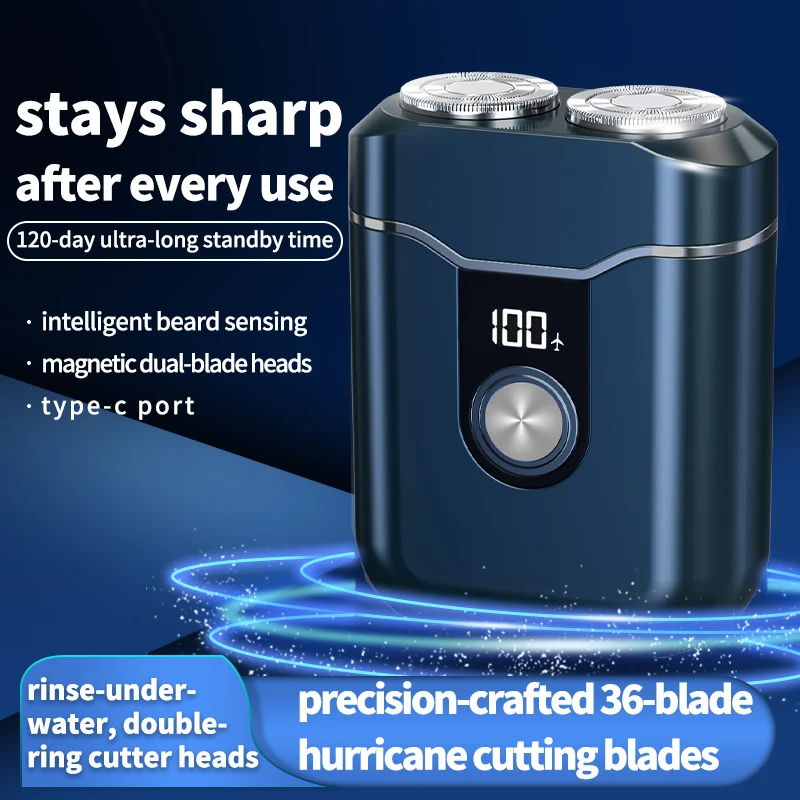 Mini Electric Shaver for Men, Magnetic Dual Blade Heads, Digital Power Display, 36-Blade Hurricane Cutting, Type-C Rechargeable,