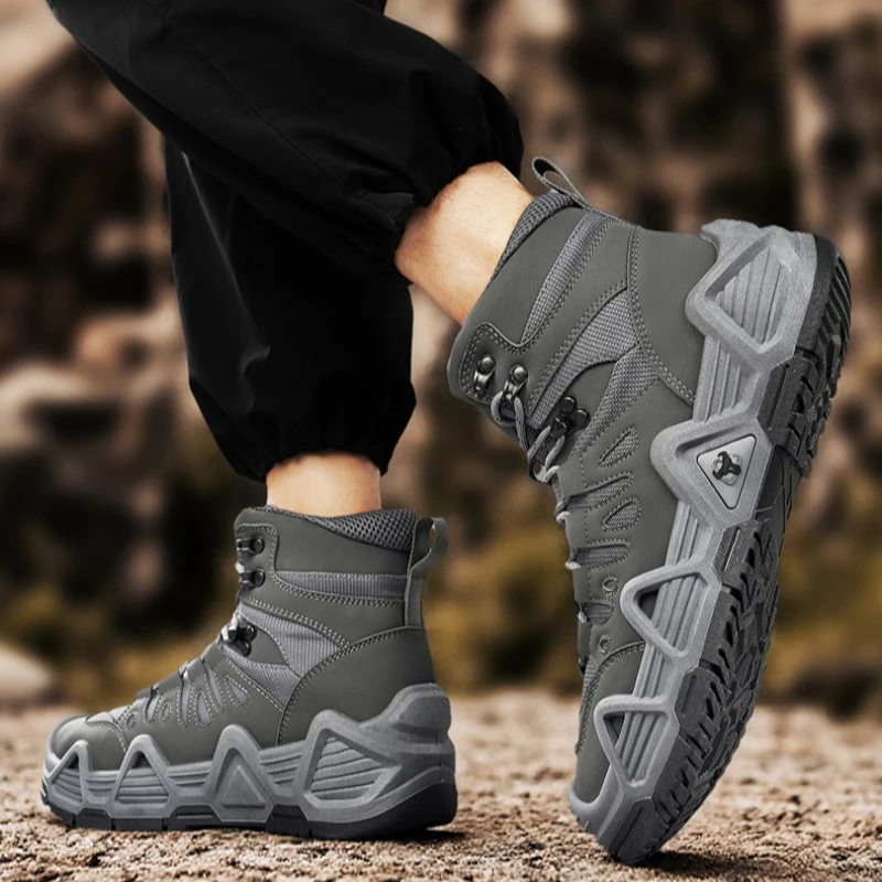 

Мужские однотонные износостойкие противоскользящие уличные ботинки с высоким берцем на шнуровке, профессиональный брендовый дизайн, оригинальные легкие походные ботинки