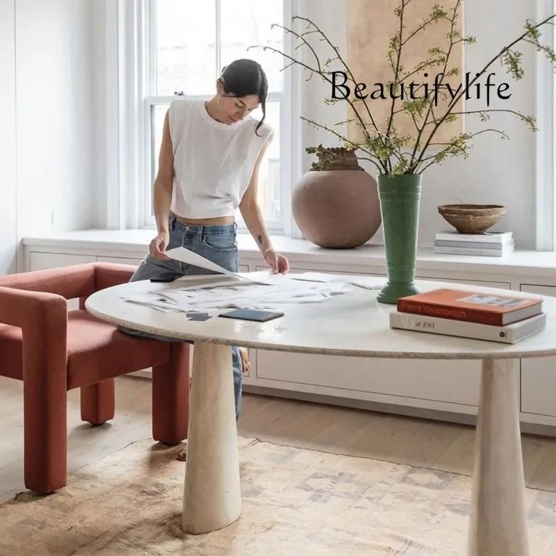 

retro style round Italian oval dining table Nordic Natural travertine marble medieval oval dining table