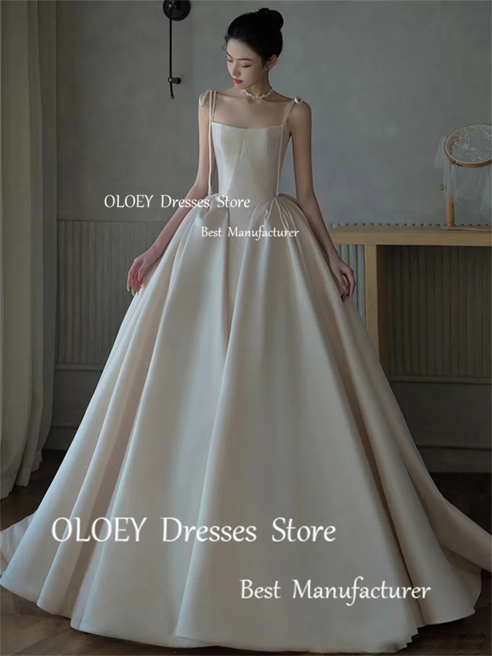 OLOEY Elegant Korea Evening Dress Sweetheart Spaghetti Straps Sleeveless A Line Wedding Party Dress Pleated Taffeta Prom Gowns