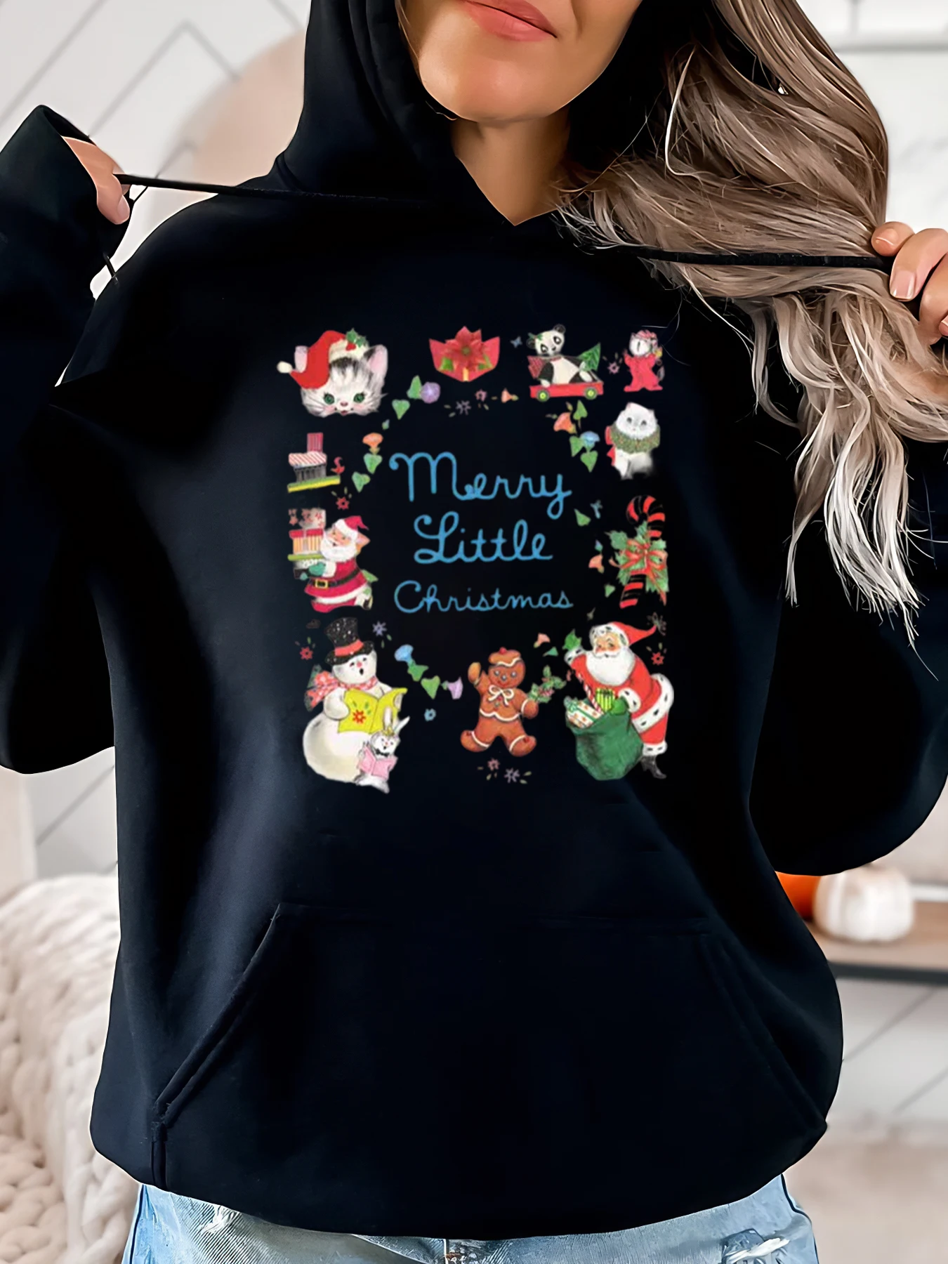 Feliz pouco natal personagens de desenhos animados imprimir moletom feminino férias casual wear preto plus size