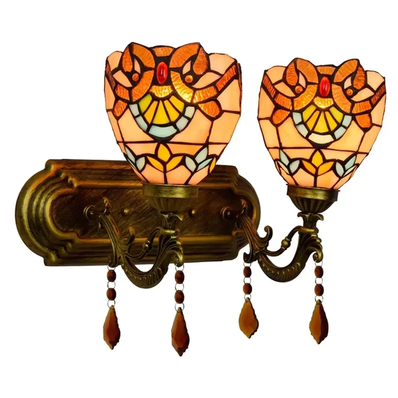 Handmade Stained Glass Wall Lamp Baroque Design Vintage 2 Light Fixture for Hallway Bedroom Home Decor Lighting