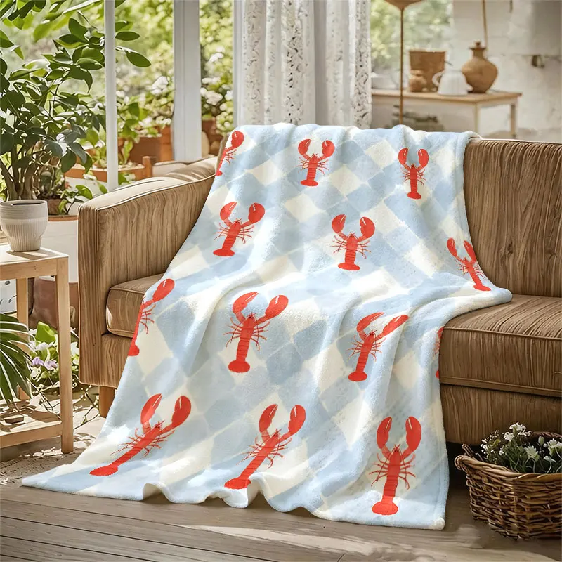 Lobster Checkered Flannel Blanket Warm Soft Halloween Christmas Decorative Couch Warm Cozy All-Season Gift