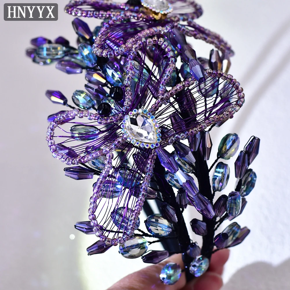 HNYYX Purple Crystal Headband Luxury Beaded Flower Hair Accessories Rhinestone Hairpieces Vintage Headwear Party Hair Tiara A131