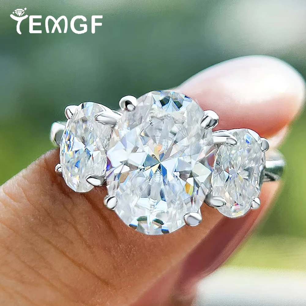 

TEMGF Oval Cut Full Moissanite Rings for Women 925 Sterling Silver 18K Plated 3 Stones Egg Shape Engagement Wedding Fine Jewelry