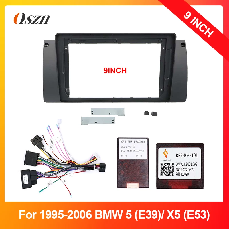 9 Inch Radio Fascia Frame Fit For BMW 5 E39 X5 E53 1995-2003 Stereo DVD Player Plastic Dashboard Canbus Harness