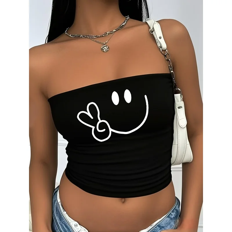 Smiley face gesture happy abstract line print elastic tube top women's clothing for all seasons