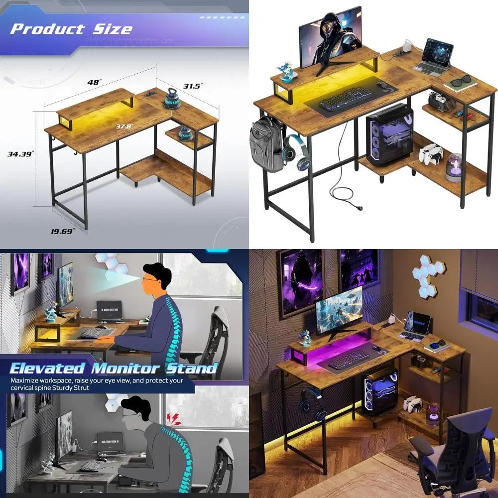 

47 LED-lit L-Shaped Gaming Desk with Power Hub, Compact Corner Desk for Home Office, Rustic Brown Storage PC Desk