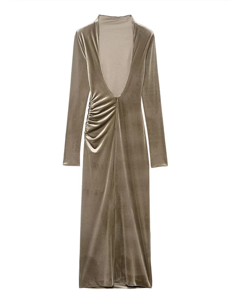 

Весенне-летнее бархатное платье макси с длинными рукавами для женщин, длинное платье со рюшами, элегантная праздничная одежда, 2026, однотонные вечерние халаты