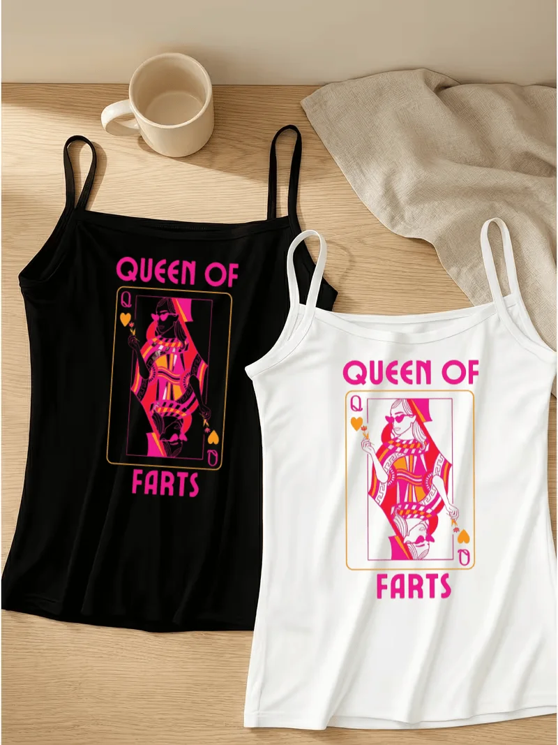 Coquette Women Tank Top Funny Queen Of Farts Heart Playing Card Graphic Spaghetti Strap Camisole Slim Summer Sleeveless Vest