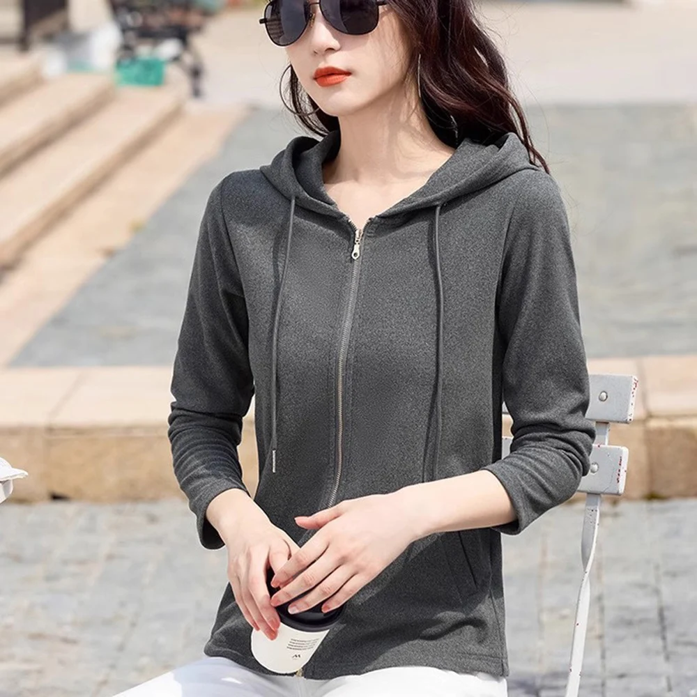 Thin hooded sweatshirt women's jacket 2024 new spring and autumn sports hoodie warm zipper cardigan sports top