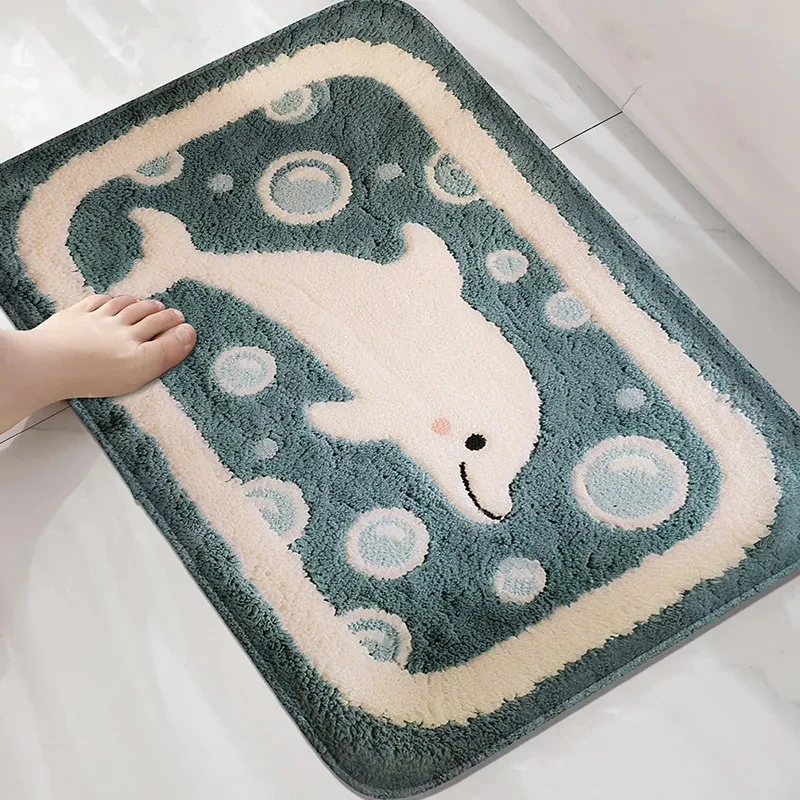 VIKAMA Kawaii Ocean Dolphin Print Doormat, Thick Soft Non-slip Quick Dry Bath Rug, Washable Mat For Bathroom Entryway