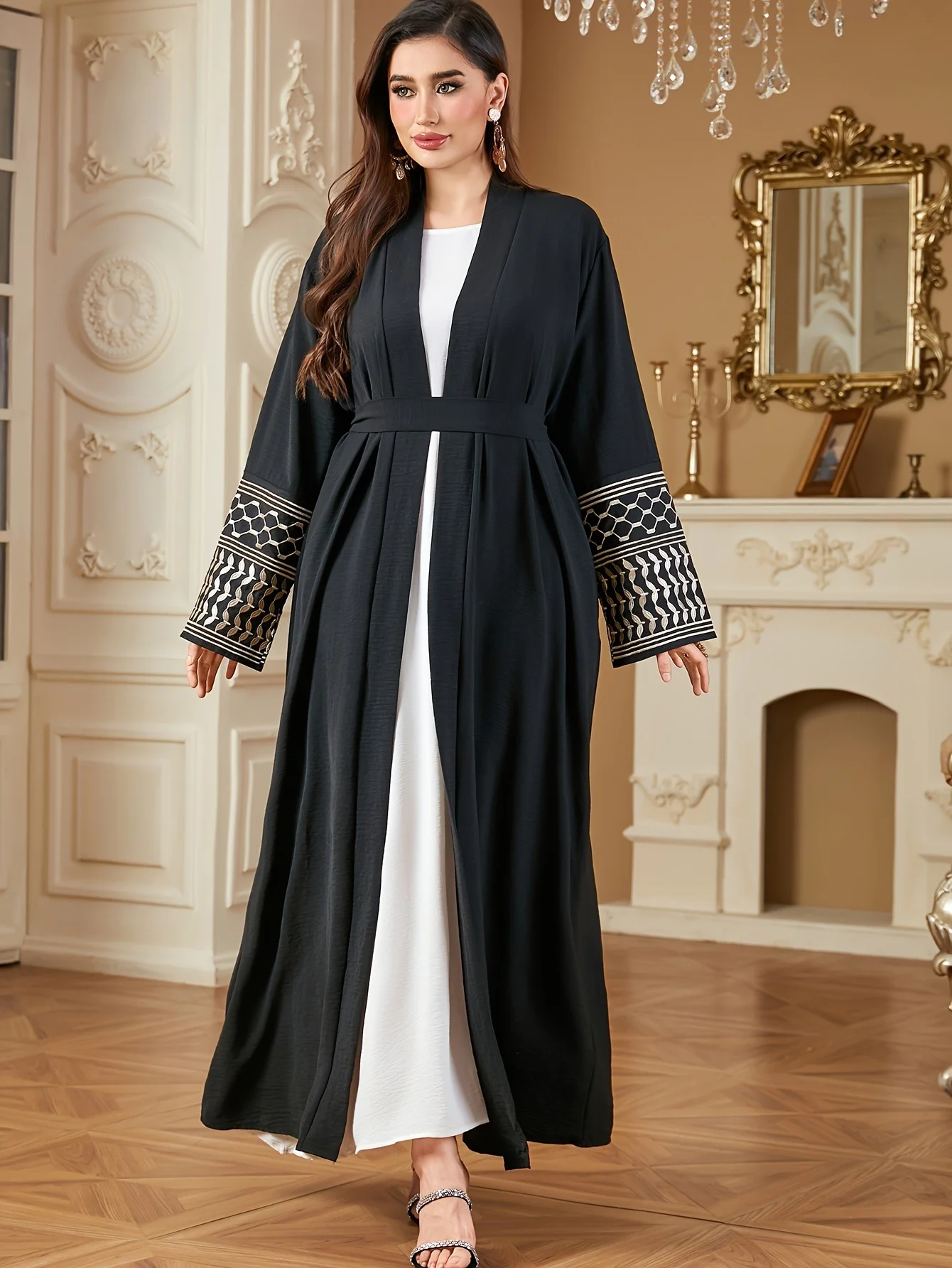 Universal Size Women Black Embroidery Abaya for Middle East Geometric Patterned Cuffs Belted Loose Fit Islamic Outerwear Saudi