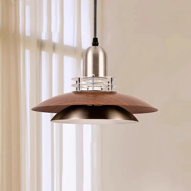 Vintage Walnut Wood Grain Pendant Lamp Restaurant Wabi Sabi Style Vintage Table Light Bar Counter Dining Room Hanging Line Lamp