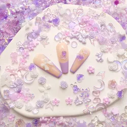 50pcs Purple Mixed Shape Nail Charms 3D Resin Butterfly Flower Moon Bow Design Nail Charm Decoration Manicure Supplies Parts