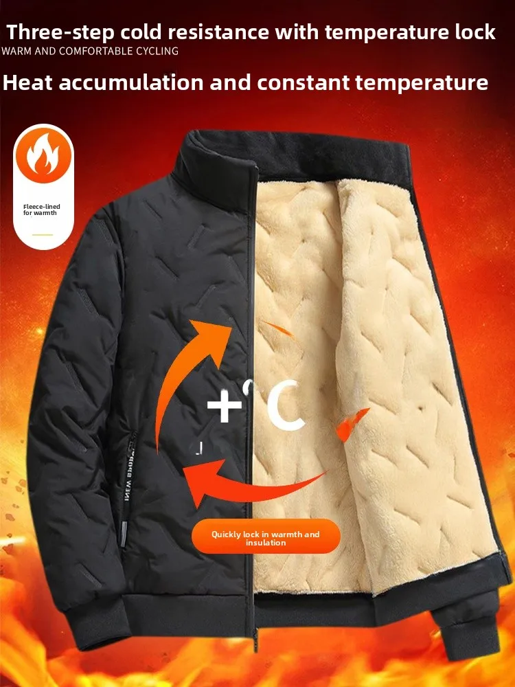 

Мужская зимняя теплая хлопковая куртка с бархатной подкладкой из ягненка, повседневная одежда с воротником-стойкой для папы, повседневная одежда со стойкой