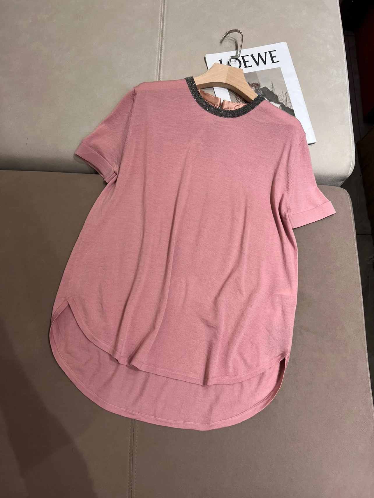 女性用ウールニット半袖Tシャツ,ラウンドネックTシャツ,パールチェーン,軽量,ルーズ,春夏