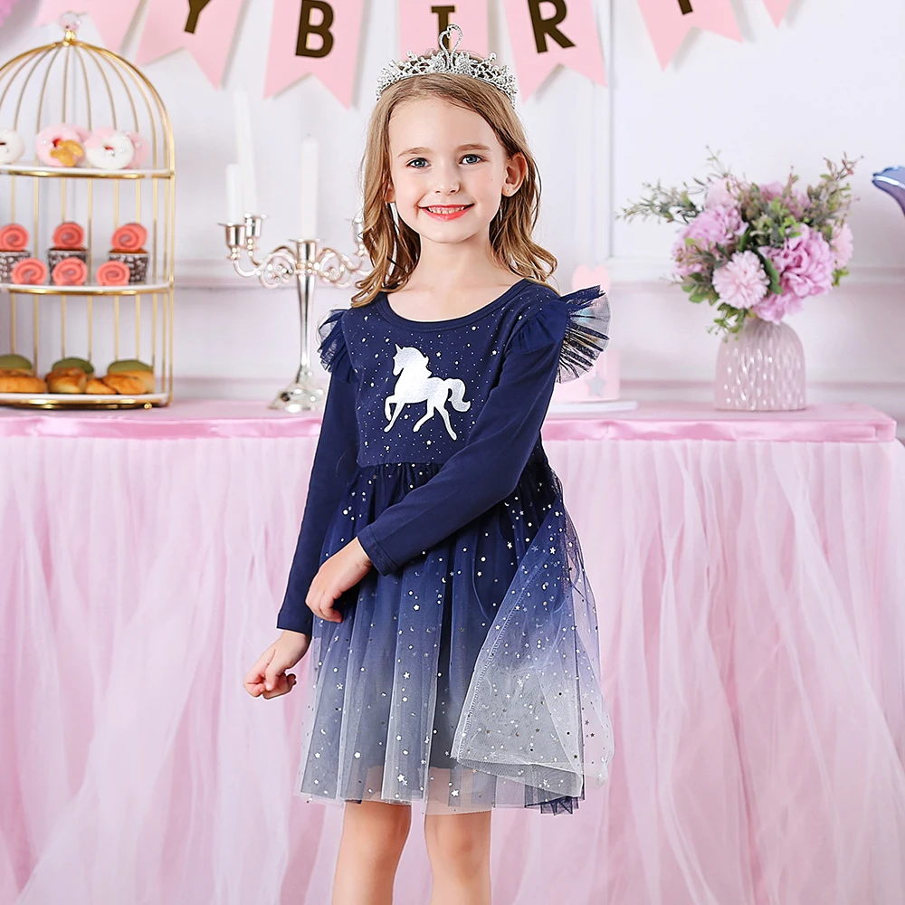 VIKITA Unicorn Kids Dresses For Girls Flying Sleeve Cotton Princess Girls Dress Winter Children Birthday Party Girls Clothing