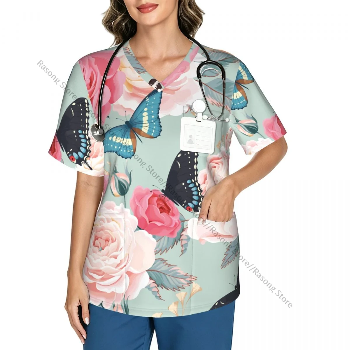 Women's Medical Scrub Top V Neck Short Sleeve Pink Peony Roses And Butterfly Stretch Nursing Uniform for Hospital Clinic