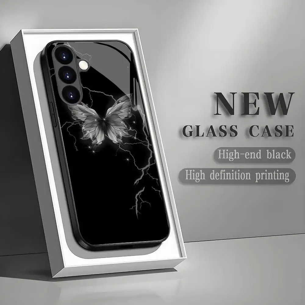 Black butterfly pattern tempered glass phone case suitable for Samsung GalaxyS26 S25 S24 S23 S22 S21 S20FE/Ultra/Plus5Ganti drop