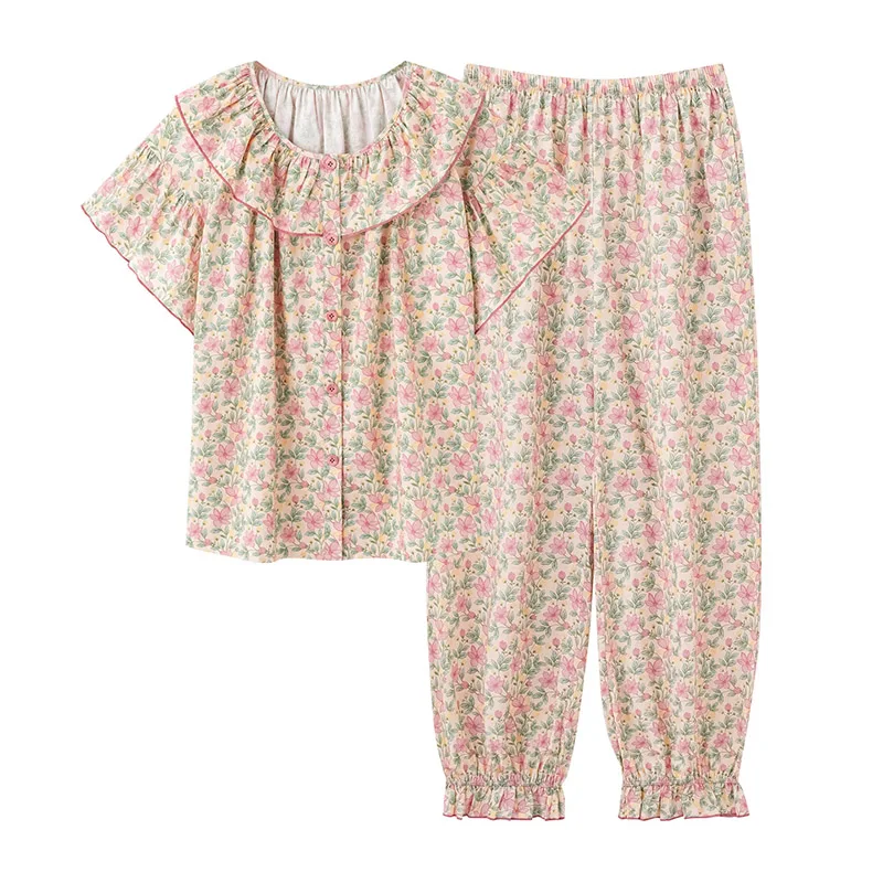 

Big Size M-3XL Women Pajamas Set Summer 100% Cotton Pyjamas Female Short Sleeve Long Pants Sleepwear