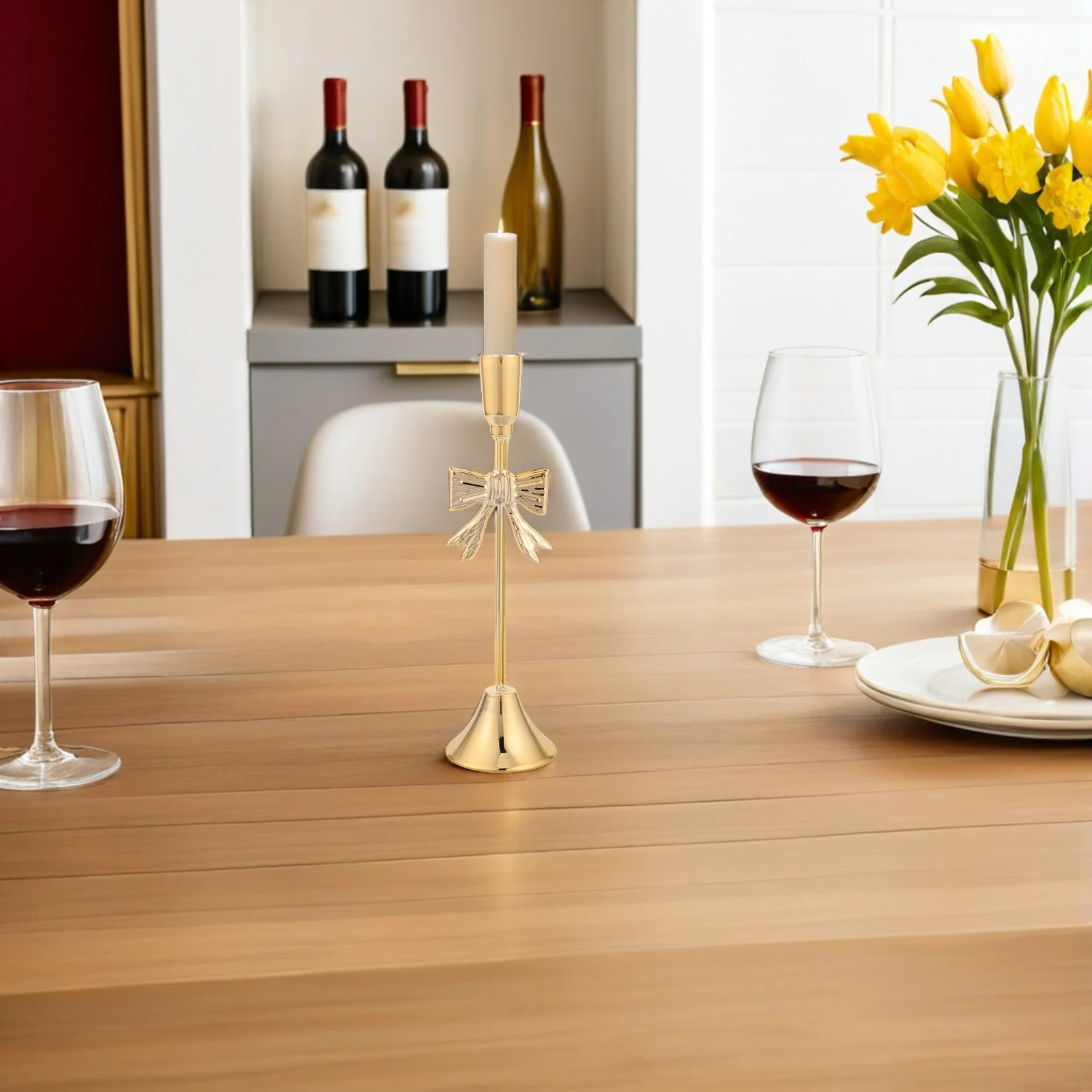 

Bow Taper Holder Gold - Vintage Metal Candlestick for Romantic Table Decor - Centerpiece Dining Decoration for Wedding