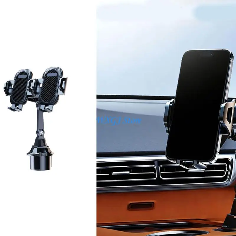 

37JE Foldable Car Cup Holder Phone Stand for Double Devices 360 Degree Rotating Adjustment Angles Driving Efficiency