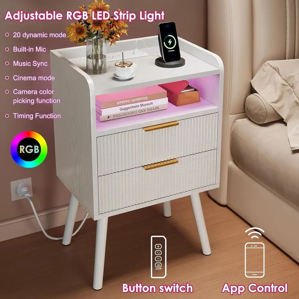Modern LED Nightstand with Charging, 2 Drawers, White Fluted Design, 15.7x11.8x25.6