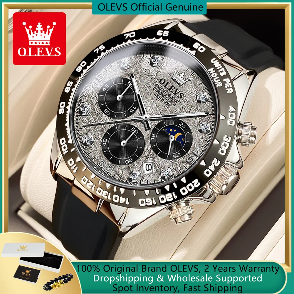 

Top Brand OLEVS Original New Quartz Watch for Men Fashion Silicone Strap Waterproof Moon Phase Chronograph Sports Man Wristwatch