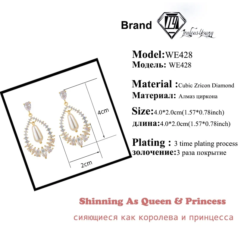 Bling Cubic Zirconia Luxury Big Long Dangle Pearl Wedding Earrings for Women Elegant Party Bridal Jewelry