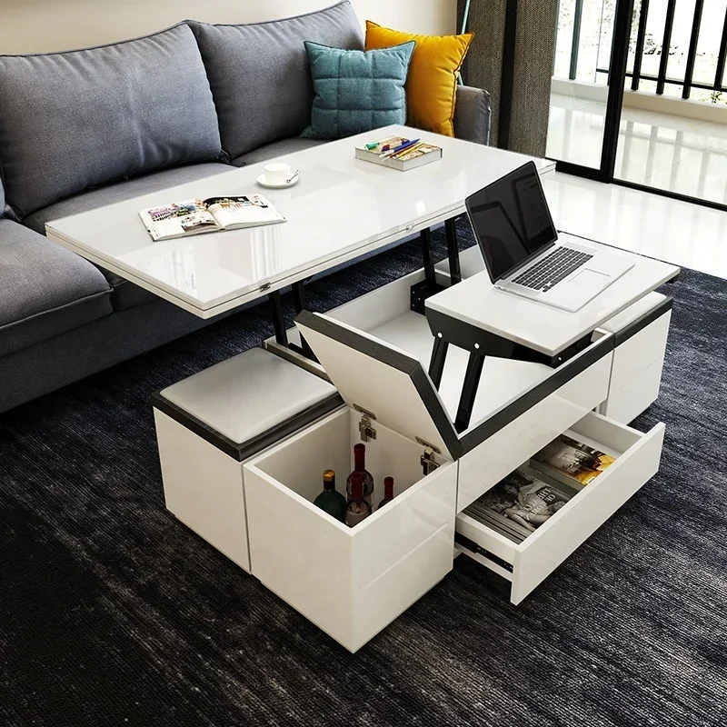 Multifunction Modern Home Furniture White Tempered Glass Folding Living Room Lifting Coffee Table