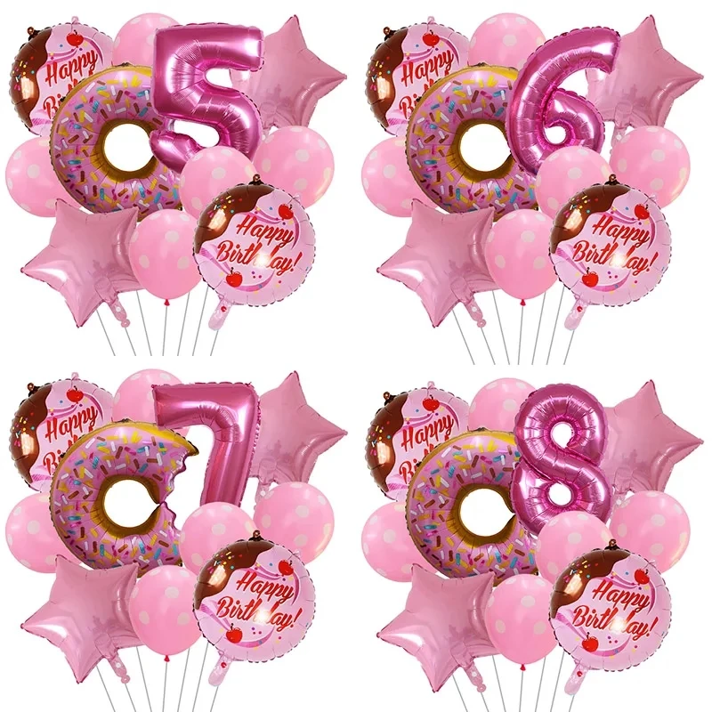 11pcs Kids Adult Donut Candy Foil Ballons Birthday Party Decorations Pink Number Children\'s Day Girls Baby Shower Party Supplies