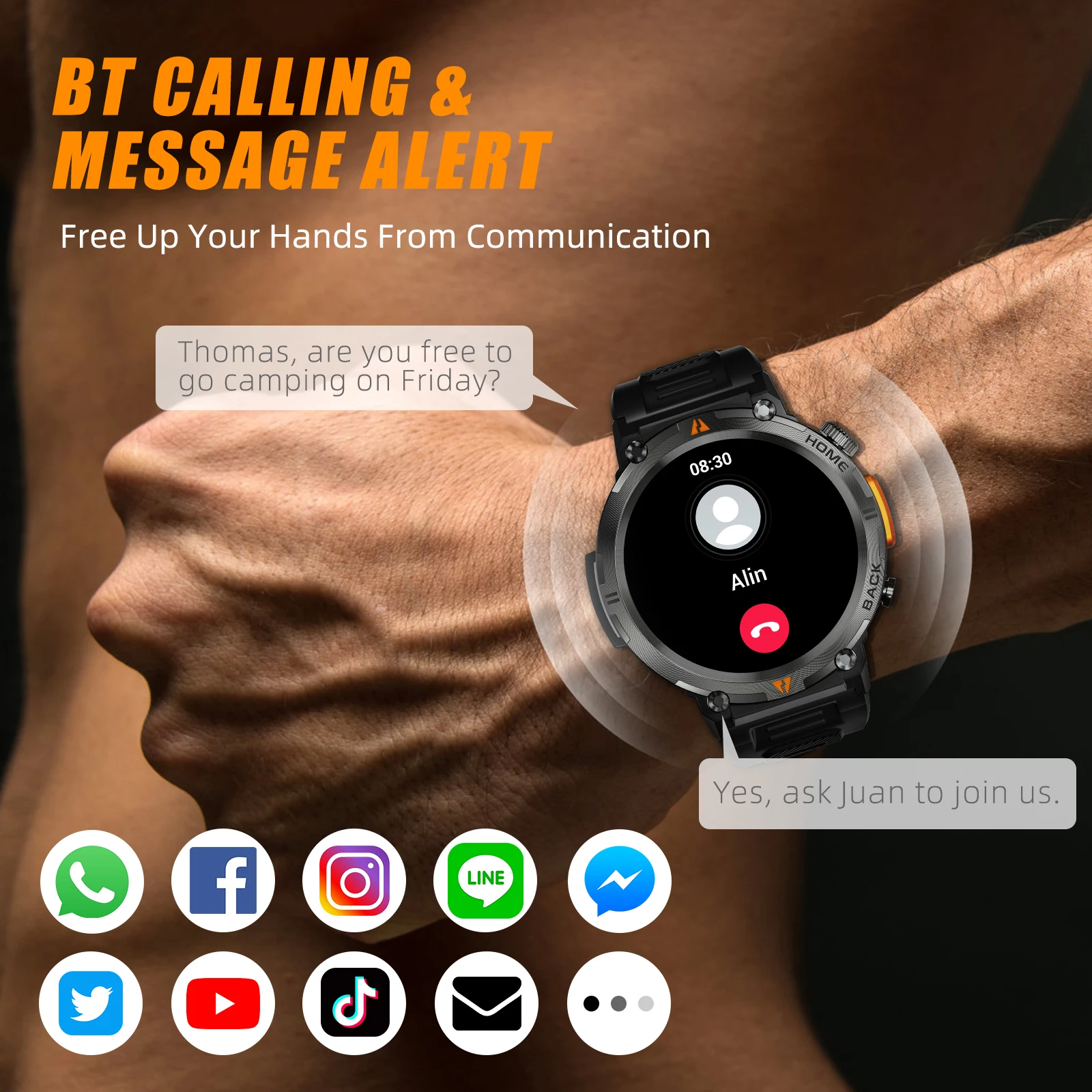 EIGIIS Smart Watch 3ATM Impermeabile 2023 Design originale per uomo Chiamata Bluetooth Monitor sanitario con torcia elettrica 100+ modalità sportive