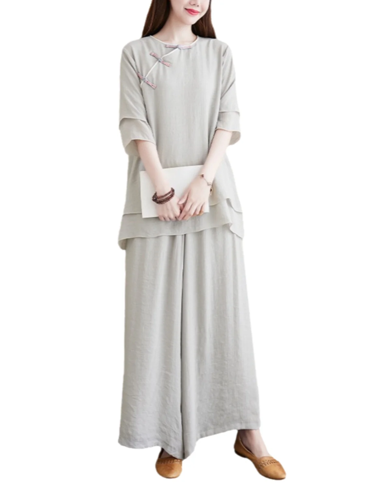 الرجعية القطن الكتان ملابس اليوغا زن دراسة البدلة المرأة الصيف خمر زر الجانب S Zen Sle Layette قطعتين مجموعة #5