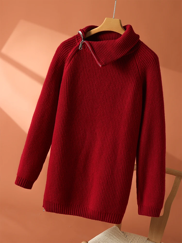 New 100% Goat Cashmere Women Turn-down Collar Sweater Slant Zipper Pullover Autumn Winter Thick Casual Loose Knit Clothing Tops