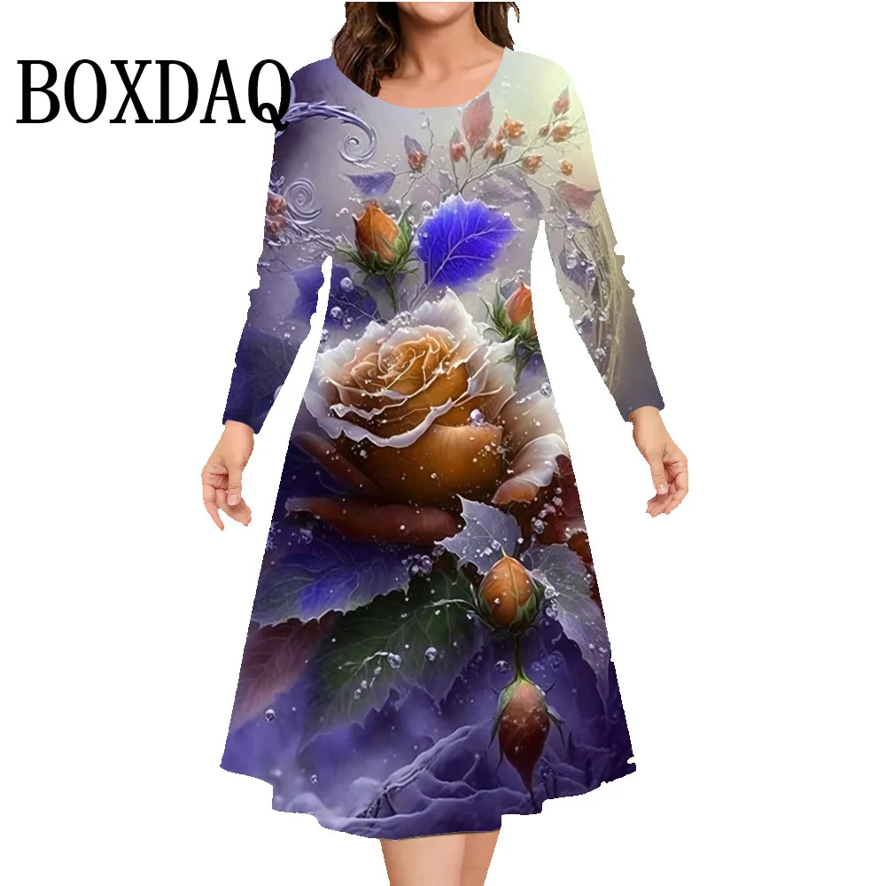 2024 Winter New Printed Long Sleeve Dresses Autumn Round Neck Casual Flowers Loose A-Line Dress Odzież damska Plus Size 9XL