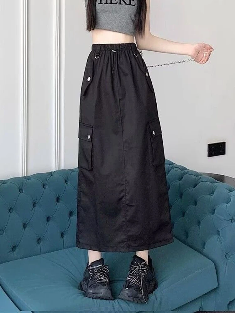 Zoki Y2K Retro Cargo Skirt Women High Waist American Streetwear Midi Skirts Harajuku Hip Hop Lady Drawstring All Match Skirt New