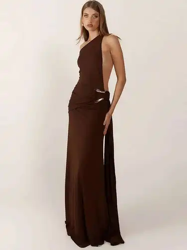 Imagen 2 del producto JULISSA MO Sexy un hombro botón de Metal mujeres Maxi vestido café espalda descubierta vestido de noche verano ajustado elegante fiesta Clubwear 2025