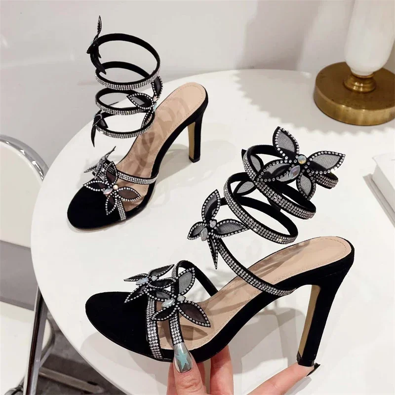 

Fashion Peep Toe Butterfly Thin Heels Sandals Women Elegant Party Dress Summer Ladies Shoes Rhinestone Fretwork Heeled Sandals