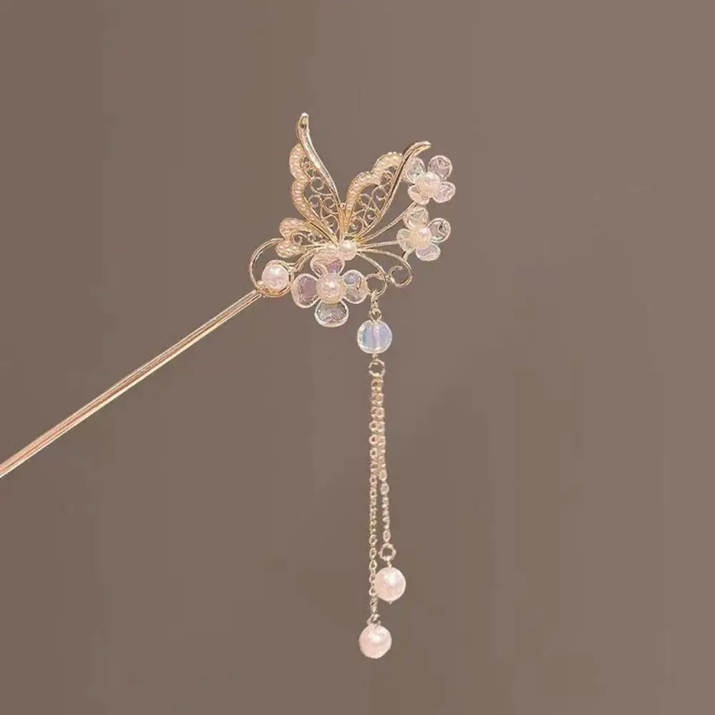 

Faux Pearl Hairpin Chinese Style Elegant Lady Hair Stick with Faux Pearl Tassel Hollow Butterflies Shape Back Head Hair