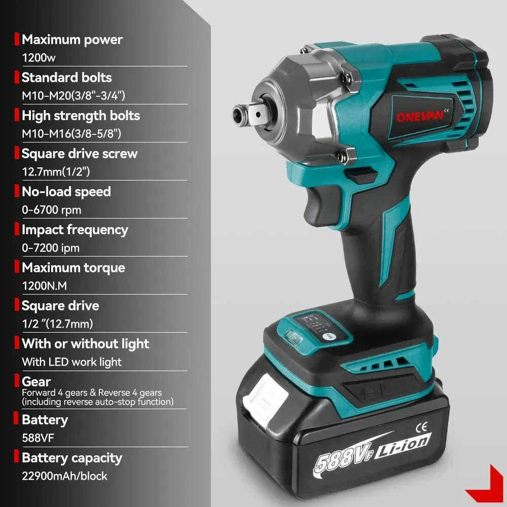 ONEVAN 1200N.M Brushless Electric Impact Wrench 1/2Inch Cordless Electric Screwdriver Wrench Power Tool For Makita 18V Battery