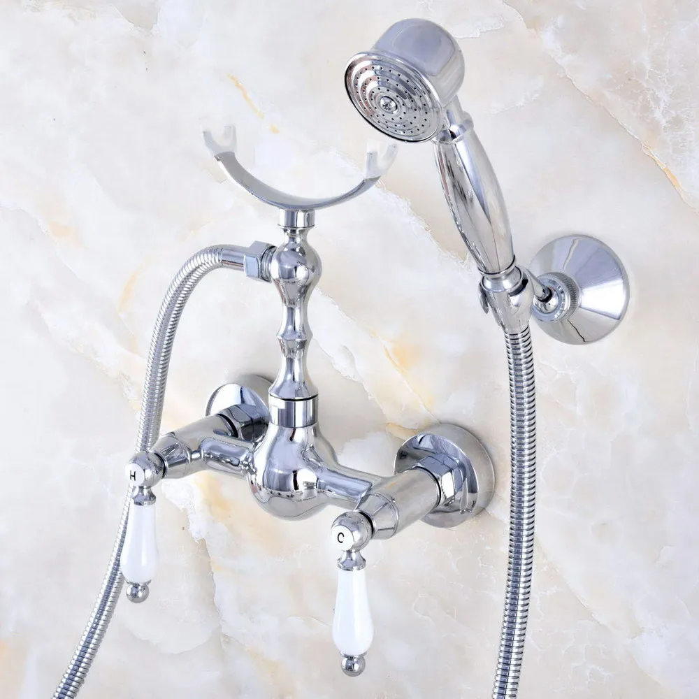 

Modern Silver Chrome Brass Wall Mounted Bathroom Shower Faucet Set with 1500MM Hose Handheld Spray Head Mixer Tap Dna733