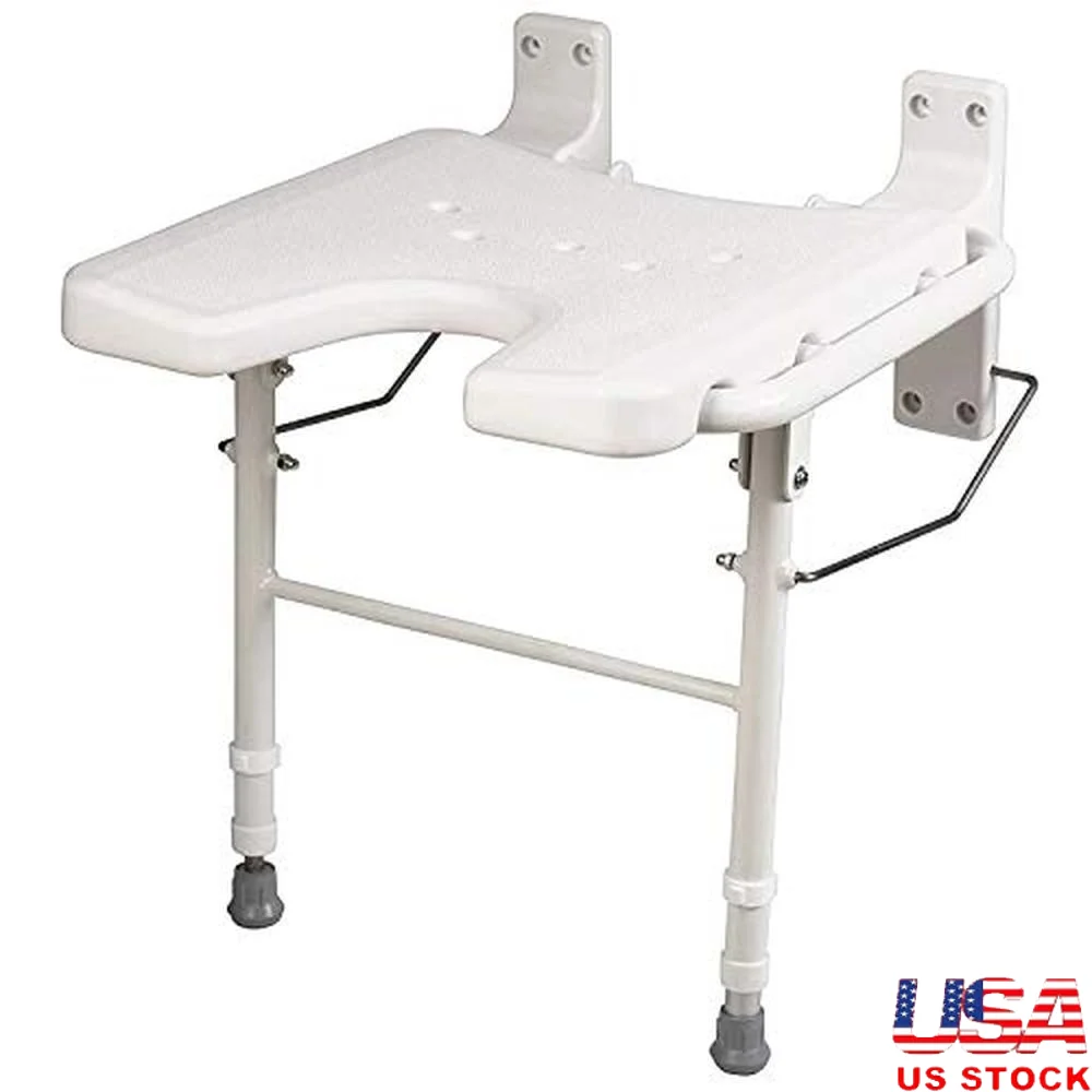 Fold Away Bath Chair Shower Seat Bench Adjustable Legs FSA HSA Eligible 16x16 White Seat Height 17.5-20.5 Inches EASY INSTALL