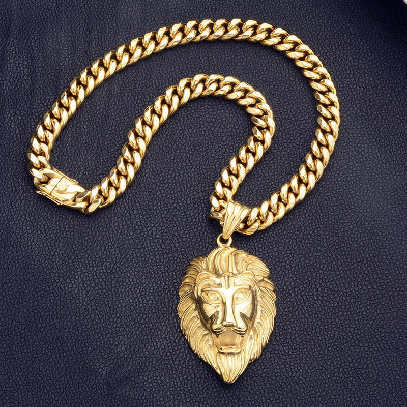 Hip Hop Bling Gold Color Stainless Steel Big Lion Pendants Necklace for Men Rapper Jewelry come with 14mm wide cuban chain