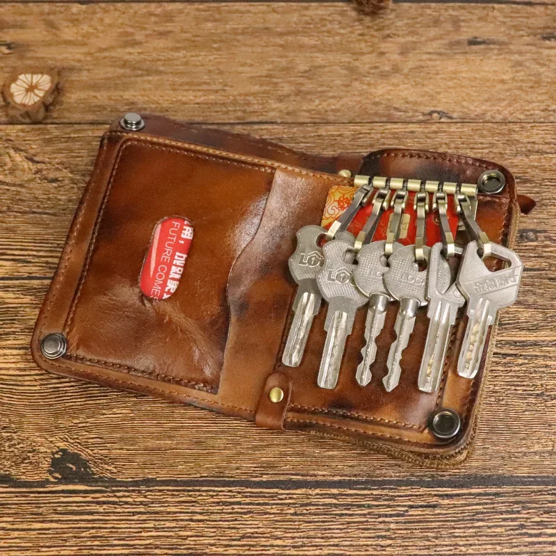 

Vintage Key Wallet for Men Handmade Genuine Leather Smart Key Ring Zipper Coin Purse Card Slot Housekeeper Key Bag Short Wallet